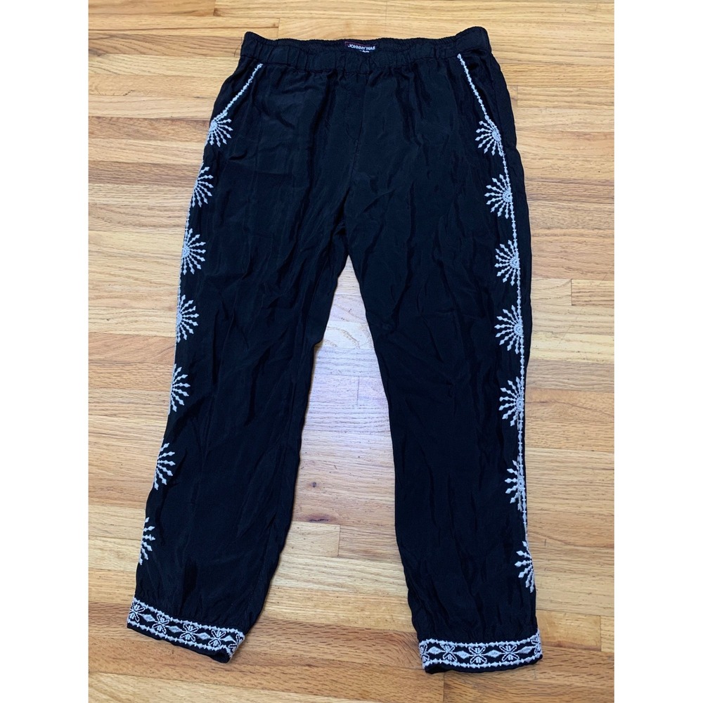 Johnny Was Workshop Black Embroidered Silk Blend Jogger Pants Size M